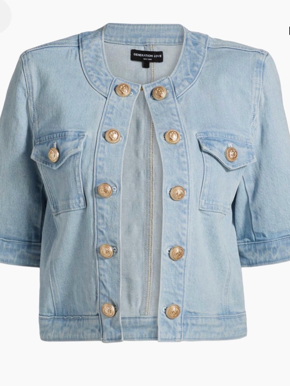 Generation Love Pale Blue Cropped Denim Jacket with Gold-Tone Medallion Buttons